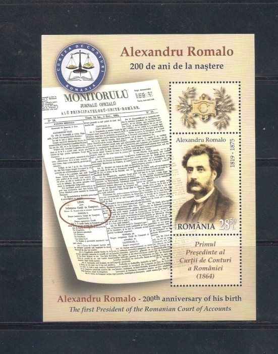 ROMANIA 2019 - ALEXANDRU ROMALO, COLITA, MNH - LP 2238