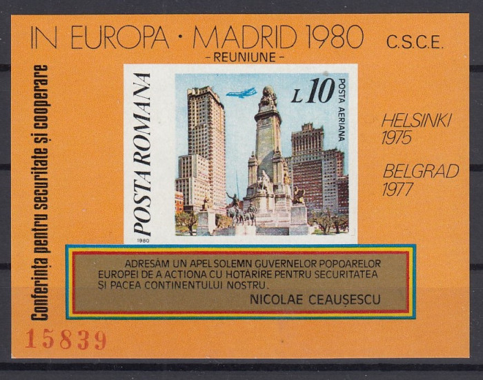 Romania 1980 - CSCE MADRID - Colita Nedantelata MNH
