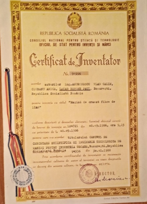 CERTIFICAT DE INVENTATOR 1988 RSR