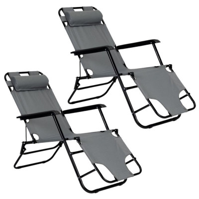 Set 2 sezlonguri pliabile cu tetiera si suport pentru picioare, Cadru Metalic foto