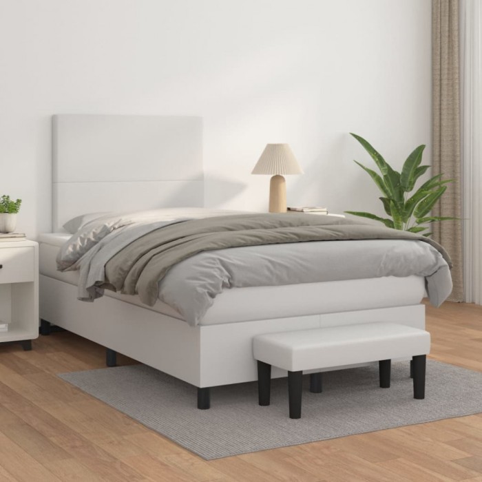 vidaXL Pat box spring cu saltea, alb, 120x200 cm, piele ecologică 3137534
