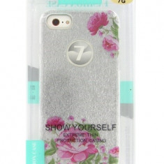 Husa silicon slim argintie glitter (trandafiri) pentru Apple iPhone 7, 8, SE2 2020, SE3 2022