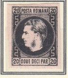 ROMANIA1866/67 LP 20 c CAROL FAVORITI 20 PARALE NEGRU/ROZ CENUSIU HARTIE SUBTIRE, Nestampilat