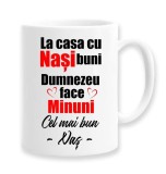 Cana alba personalizata &quot;La casa cu Nasi buni, Dumnezeu face minuni&quot;, INOVATIX&reg;. 330ml, Oem