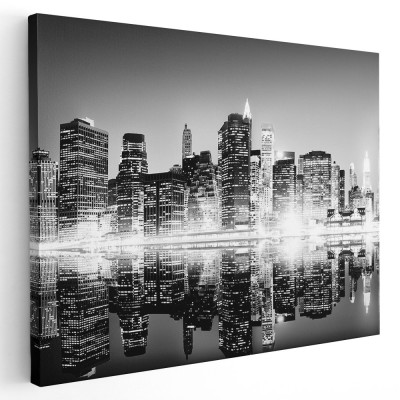 Tablou canvas peisaj de noapte cu zgarie nori alb negru 1023 Tablou canvas pe panza CU RAMA 60x90 cm foto