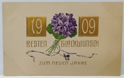 FELICITARE DE ANUL NOU , CU URARI DE NOROC , CARTE POSTALA EMBOSATA , CROMOLITOGRAFIE , 1909 foto