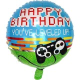 Balon din folie metalizata, flippy, mini figurina rotunda, model happy birthday gamer, tema aniversare, 45 cm, ambalaj individual, pai inclus, umflare