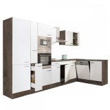 Mobilier de bucătărie de colț Yorki 370, cu corp din stejar Yorki, fațadă albă cu finisaj satinat și dulap cu rafturi, fără blat de lucru