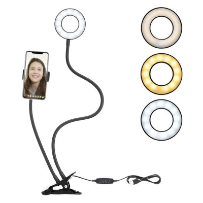 Suport flexibil universal pentru telefon cu lumina led circulara si clema de prindere - Sistem 2 in 1 pentru livestreaming, video call, vlogging, self foto