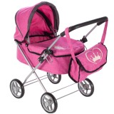 Carucior cu landou de papusi, structura metalica cu capotina reglabila, gentuta roz princess pink, JollyMag, 107210