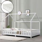 Cumpara ieftin Set Pat Copii Sisimiut tip Casuta Montessori cu Saltea Inclusa si Protectie Impotriva Caderilor, Dimensiuni 140x200 cm, Lemn de Brad, Alb, [en.casa]