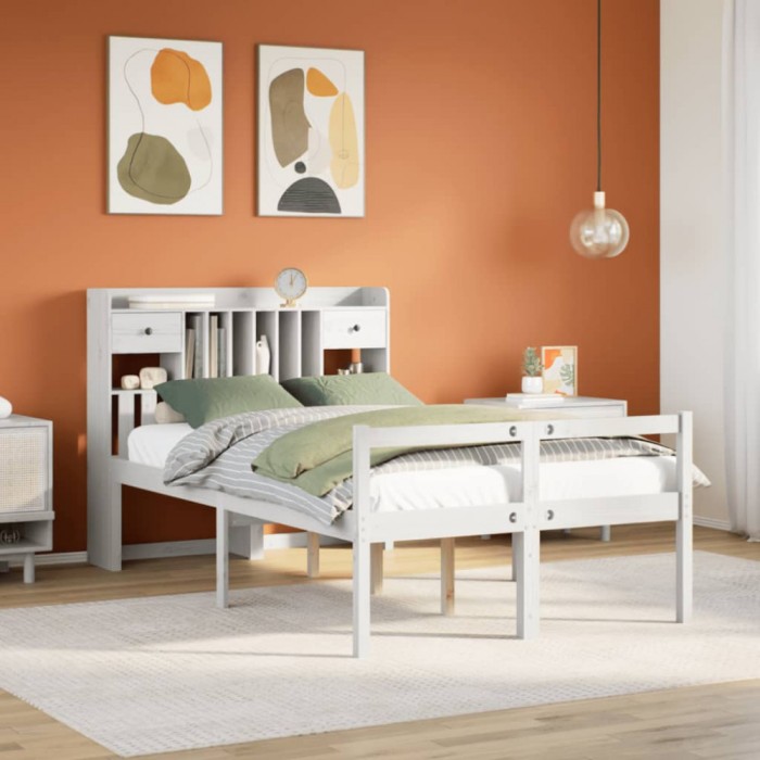 vidaXL Pat cu bibliotecă fără saltea, alb, 135x190 cm, lemn masiv pin 3322046