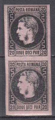 ROMANIA 1867 LP 20 c REGELE CAROL I CU FAVORITI 20 PARALE HARTIE SUBTIRE NEGRU/HARTIE ROZ PERECHE VERTICALA GUMA ORIGINALA SARNIERA foto