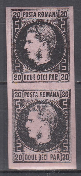 ROMANIA 1867 LP 20 c REGELE CAROL I CU FAVORITI 20 PARALE HARTIE SUBTIRE NEGRU/HARTIE ROZ PERECHE VERTICALA GUMA ORIGINALA SARNIERA