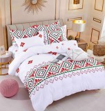 Cumpara ieftin Lenjerie pat single,bumbac finet,4 piese,cearceaf normal,motiv traditional rosu si verde-A826, Jojo Home
