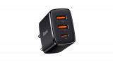 &Icirc;ncărcător rapid compact Baseus, 2xUSB, USB-C, PD, 3A, 30 W (negru)