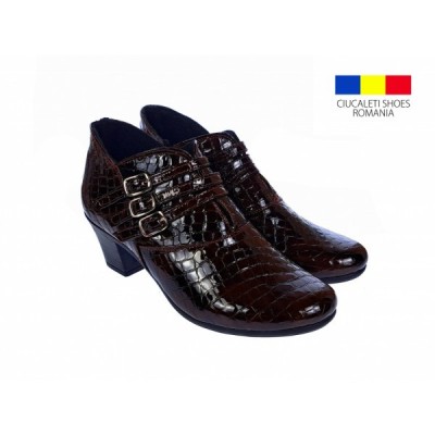 Botine dama din piele naturala Croco, Barete, Catarame argintii, Toc de 5 cm, Maro - MVS63CTCRM foto