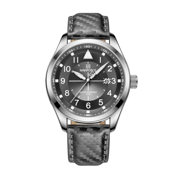 Ceas barbatesc de mana Naviforce Elegant Auto Data Sport Fashion Casual Piele naturala Gri