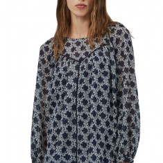 Bluza de dama cu maneca lunga, semitransparenta, cu insertii stralucitoare, imprimeu floral tip baroc si segmente decupate, bleumarin, XS