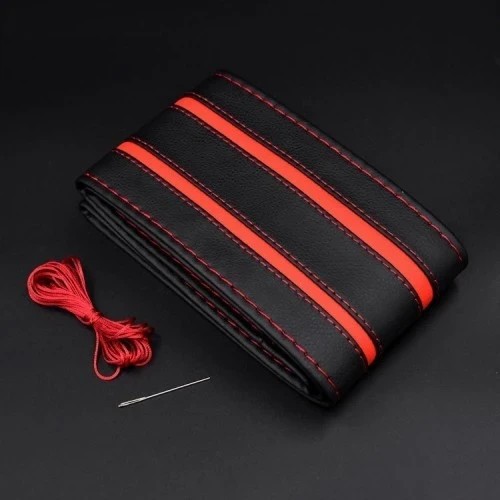Husa volan din PIELE NATURALA CU DOUA DUNGI ROSII, pentru autoturisme, diametru 37 - 39 cm, cu ac si ata (se
