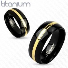 Inel din titan în două culori, supraață neagră rotunjită, fâșie aurie, 6 mm - Marime inel: 52