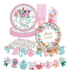 Set de vesela pentru petrecere pentru 16 invitati, model floral, ideal pentru tea party
