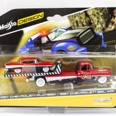 Masinuta Maisto, Chevrolet Flatbed Trailer si Chevrolet Bel Air Red, 1:64