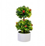 Bonsai decorativ cu flori rosii tip copac in ghiveci ceramic, Multicolor, 20 cm, Oem