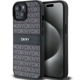 Husa piele iPhone 15 DKNY Leather Mono Stripe &amp; Metal Logo, negru, DKHCP15SPRTHSLK