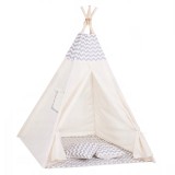 Cort copii Sersimo stil indian Teepee Tent cu fereastra, covoras gros si 2 perne, alb gri deschis zig zag Household NewTrend