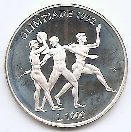 San Marino 1000 Lire 1992 (1992 Olympics) Argint 14.6 g/835, PROOF, KM-277 foto