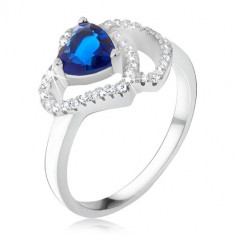 Inel argint 925, ştras albastru în formă de inimă, contur din zirconiu - Marime inel: 59