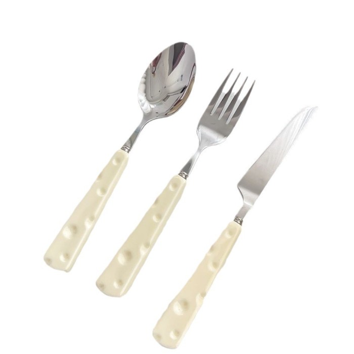 Tacamuri pentru Copii, Cyrax, Set 3 Piese, Tacamuri pentru Dejun, Lingura Furculita Cutit, Stil Italian, Manere forma Cascaval Plastic, Inox, 23 cm, A