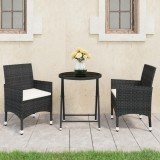 Set mobilier bistro grădină 3 piese, negru, poliratan și sticlă