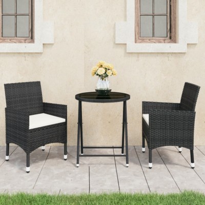vidaXL Set mobilier bistro grădină 3 piese, negru, poliratan și sticlă foto