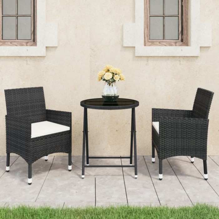 Set mobilier bistro gradina 3 piese, negru, poliratan si sticla GartenMobel Dekor