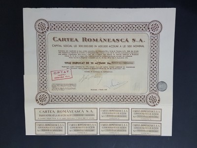 Actiune 1945 Cartea rom&amp;acirc;nească , titlu duplicat de 10 actiuni nominative foto