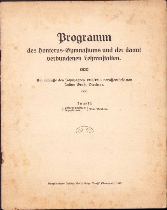 HST C1033 Programm des Honterus-Gymnasiums 1913 Brașov