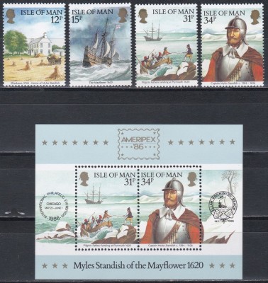 Isle of Man 1986 - Căpitanul Myles Standish și călătoria navei Mayflower, Serie + Colita, MNH foto