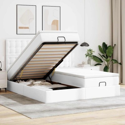 vidaXL Cadru pat otoman cu saltele alb pur 200x200cm piele artificială 3314509 foto
