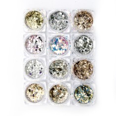 Set 12 paiete decorative pentru unghii, hexagon, diverse culori si marimi