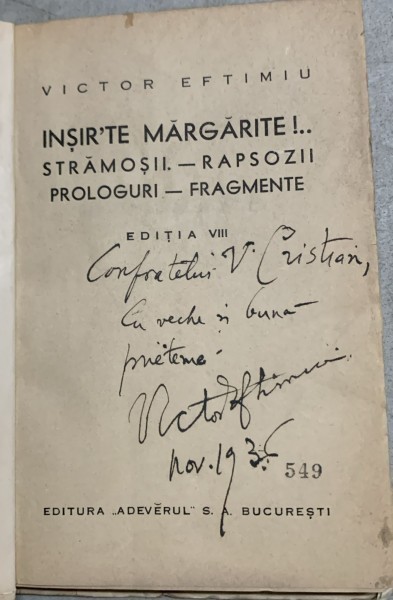 Insir te margarite! - Victor Eftimiu - cu dedicatia autorului catre un confrate