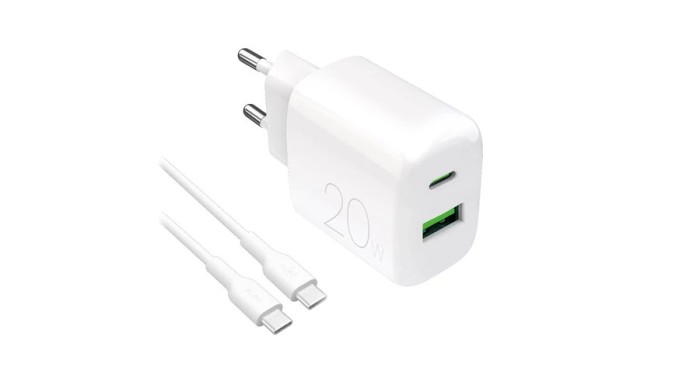 &Icirc;ncărcător de perete Puro PROLITE 20W USB-A / USB-C + cablu USB-C - USB-C 1.2m - alb