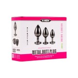 Set plug anal X-MEN Metal Butt Plug, 3 dopuri de dimensiuni progresive, diametre 2.7 - 3.9 cm, baze cu cristal, culoare bronz