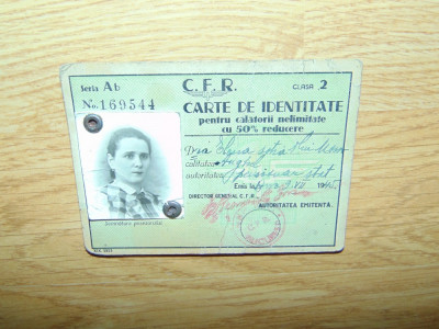 CFR-CARTE IDENTITATE PENTRU CALATORII NELIMITATE 50% REDUCERE ANUL 1945 foto