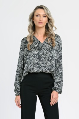 Bluza Dama cu Maneca lunga tip Kimono, Negru cu Alb stil Baroque - M foto