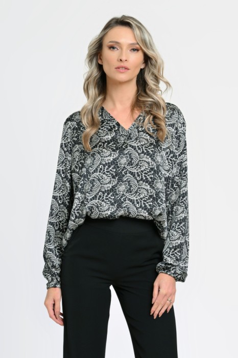 Bluza Dama cu Maneca lunga tip Kimono, Negru cu Alb stil Baroque - L