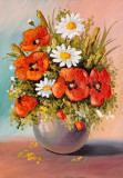 Tablou canvas Flori, margarete, maci, alb, rosu, pictura, buchet, 45 x 30 cm