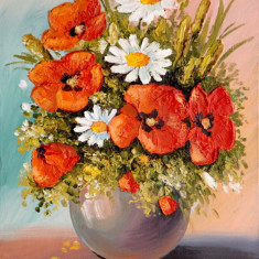 Tablou canvas Flori, margarete, maci, alb, rosu, pictura, buchet, 60 x 40 cm