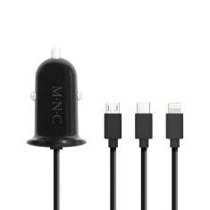 Adaptor 3in1 pentru bricheta auto 12-24V - USB + cablu Lightning Micro USB si USB Type-C 3.1A negru M`N`C 54920BK